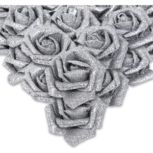 IPOPU Silver Roses Artificial Flowers,50pcs Glitter Flowers Fake Foam Roses with Stem for DIY Wedding Bridal Bouquet Home Party Christmas Decoration(Silver)