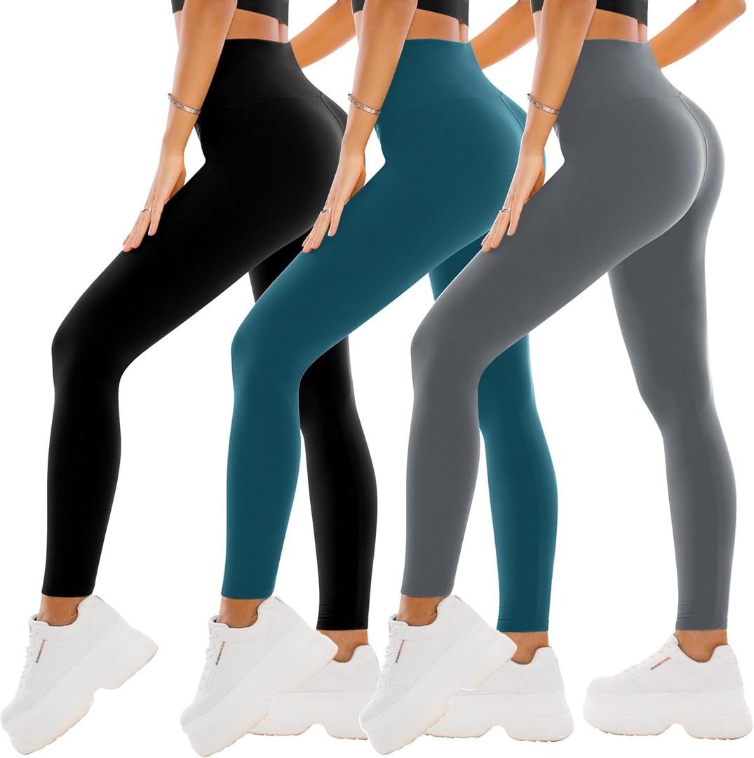 SINOPHANT 3 Pack Leggings for Women - High Waisted Buttery Soft Yoga Pants for Workout Athletic Sports (Large-X-Large, Black/Grey/Teal)