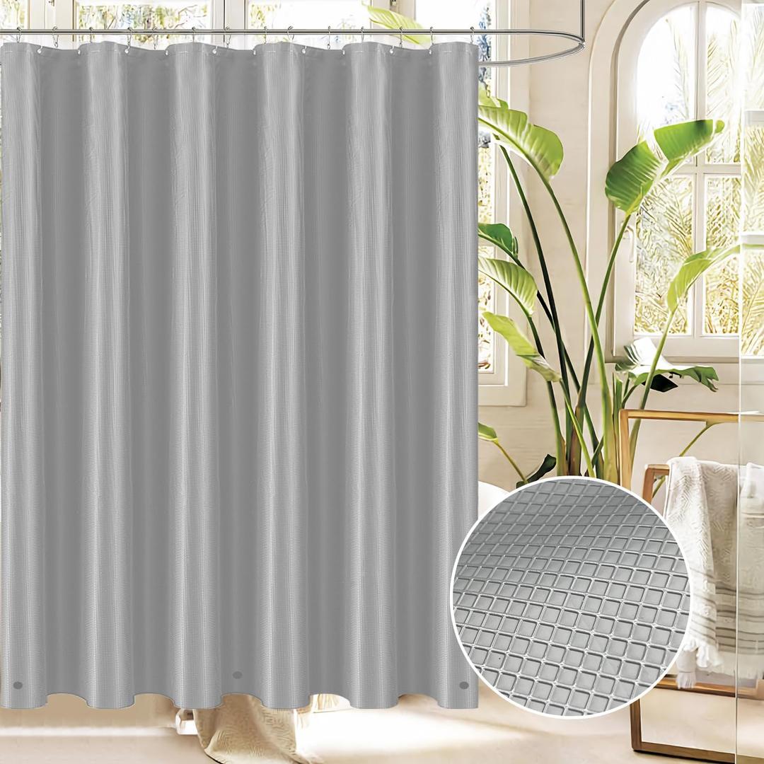 Tititex 8G Heavy Duty Plastic Solid Grey Shower Curtain Liner with 3 Magnets - Texture Waffle Grid Plaid Pattern PEVA Waterproof Shower Liner Bathroom Accessories 72x72 Inch