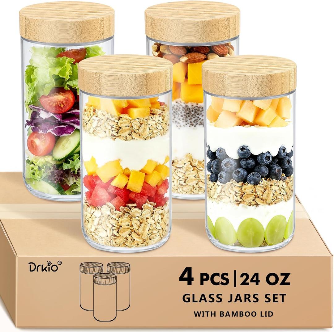 DRKIO 24 Oz Overnight Oats Containers with Bamboo Lids - 4 Pack Glass Storage Jars with Airtight Lids Wide Mouth Mason Food Jars Great for Meal Prep Salad Chia Pudding Snacks Yogurt Sugar Spice