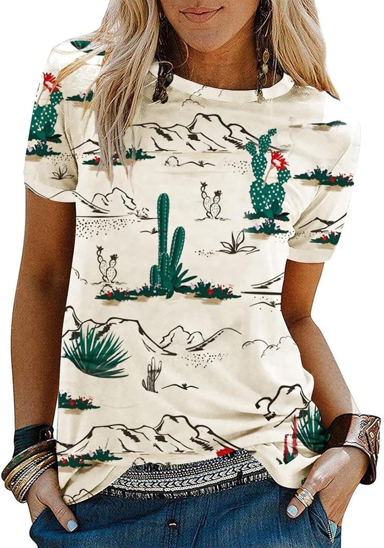 Graphic Shirts for Women Cactus Desert Graphic Tees Short Sleeve Tops (Medium)