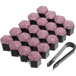 X AUTOHAUX 20pcs Wheel Lug Nut Cap Covers 21mm Bling Faux Crystal Wheel Bolt Cap Cover Universal Wheel Lug Nut Cap Hex Protector Pink