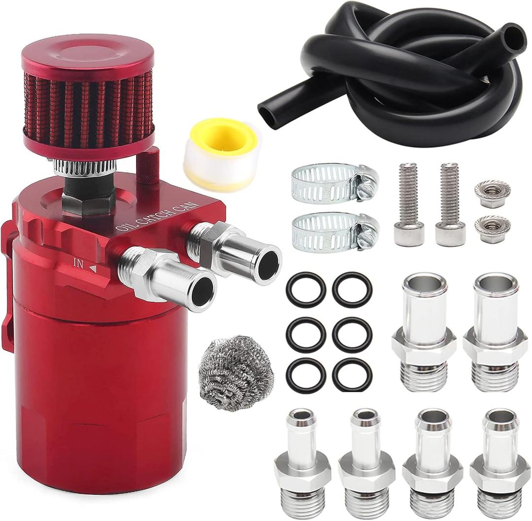 Universal Polish Baffled Reservoir Oil Catch Can Kit with Breather Filter Aluminum Red