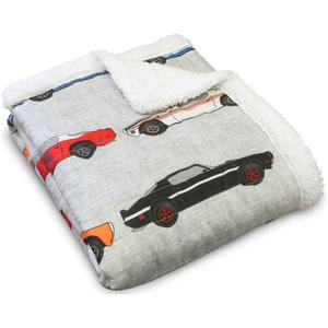 Lush Decor Cars Throw | Fuzzy Reversible Sherpa Blanket with Racing Print Design for Kids-60 x 50, Blue & Orange