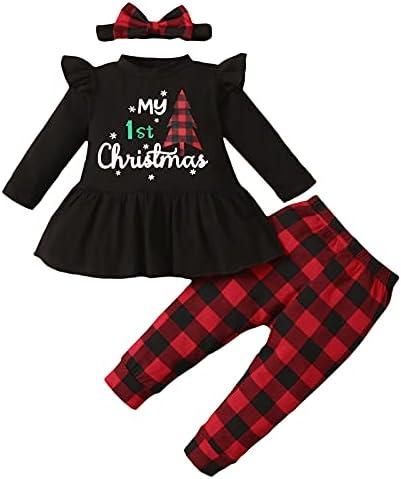 Noubeau My 1st Christmas Baby Girl Outfits Ruffle Santa Tree Print Tunic Drees Shirt Plaid Stripe Pants Fall Clothes, 3-6M