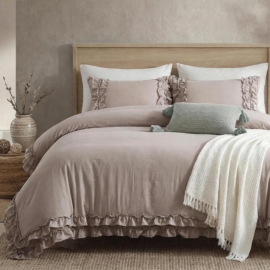 Bedorm Taupe Duvet Cover Set Queen Ruffle Bedding Set Pleat Ruffled Shabby Chic Comforter Cover Extra Soft & Easy Care Boho Duvet Cover with Zipper Closure