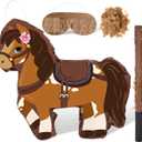 Horse Piñata Cowgirl Pinatas Brown Horse Piñata for Birthday Girl with Bat Stick Blindfold Mask for Horse Birthday Cowgirl Party Carnival Piñata Game Decor Supplies, 15 x 13.4 x 3.2 Inch