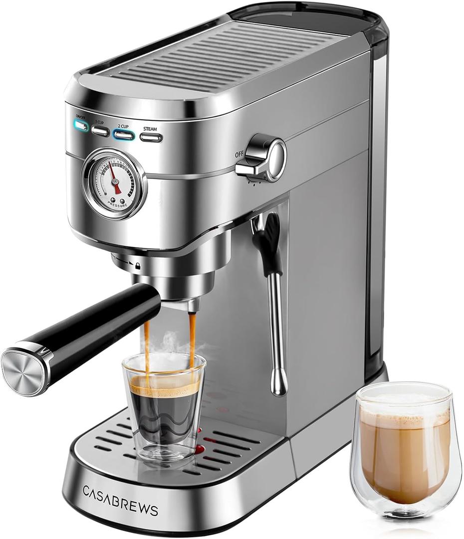 CASABREWS Espresso Machine 20 Bar, Compact Coffee Maker with 34oz Water Tank, Professional Cappuccino & Latte Machine with Milk Frother for Home, Stainless Steel
