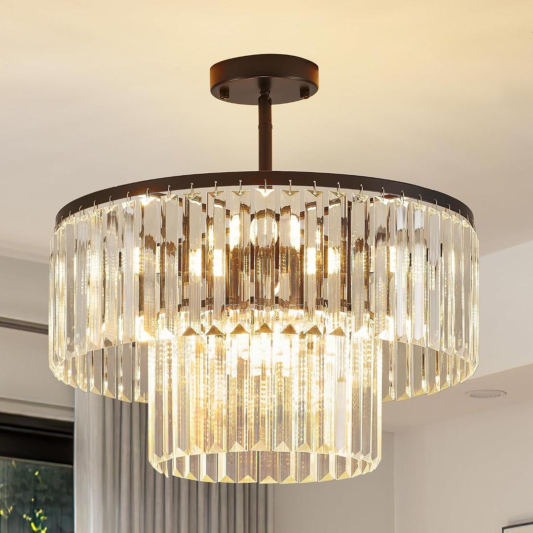 17.7" Black Semi Flush Mount 2-Tier Crystal Ceiling Light Fixtures for Dining Room Modern Luxury 8-Light Chandeliers Lighting for Bedroom Entryway Hallway Kitchen Island Living Room Foyer