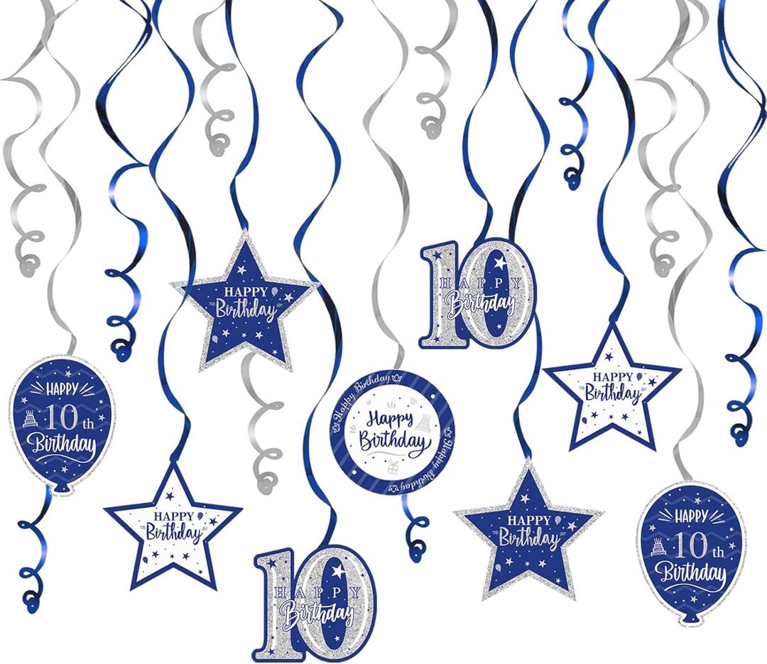 Happy 10th Birthday Blue & Silver Glitter Swirls Streamers Party Decorations - 15 Pcs 10th Birthday Hanging Swirls Streamers Kit,Cheers to Ten Years Old Bday Party Sign.