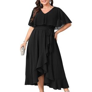 Women Plus Size Long Formal Dress Short Sleeve Chiffon Ruffle V Neck High Low Split Wedding Guest Maxi Dresses, Size: 4XL