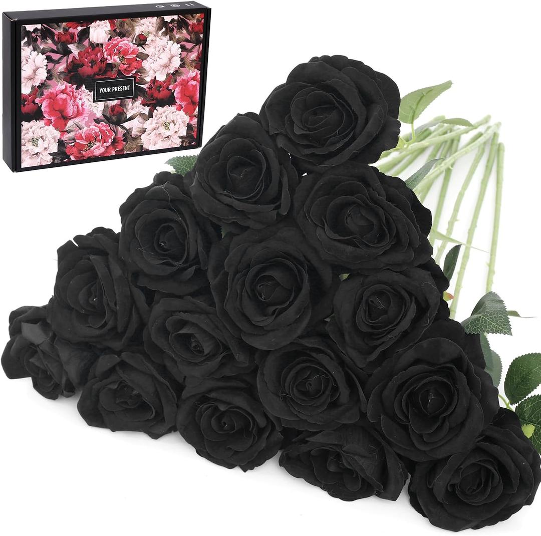 15Pcs Black Roses Artificial Flowers Fake Roses Long Stem Velet Rose Silk Flowers for Home Wedding Decoration (Round Rose,Black)