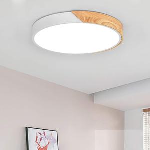 EDISLIVE Dimmable LED Ceiling Light 15 inch Modern Minimalist LED Round Shaped Wood & Metal & Acrylic Flush Mount Ceiling Light with Remote Control White