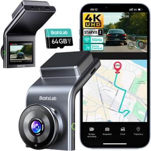 BOTSLAB 4K Dash Cam Front, STARVIS 2 Sensor, Voice Control, 64GB Card Included, 5GHz WiFi, Built in GPS, WDR Night Vision, 170Wide Angle, 24H Parking Mode (Back Camera Not Included) (G300H Plus-Front)