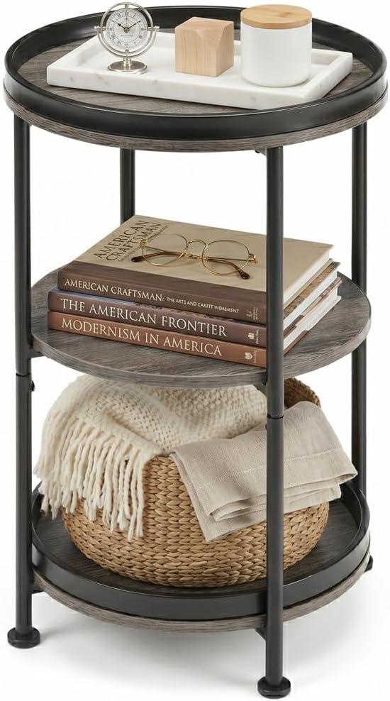 Dulcii Round Side Table with 3 Shelves for Living Room, Bedroom Nightstand with Steel Frame for Small Spaces, Industrial Round Sofa Table (Classic, Grey)