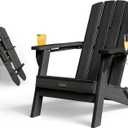 Folding Adirondack Chair with Wood Texture, HDPE All-Weather Fire Pit Chairs, Plastic Adirondack Chairs with 2 Cup Holder, Outdoor Lawn Chair for Patio Garden (Black)