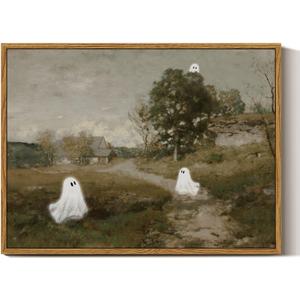 InSimSea Framed Canvas Wall Art, Vintage Halloween Decor, Cute Ghosts Decor Indoor, Bedroom Bathroom Living Room Halloween Pictures Decorations, Landscape Wall Art Prints, 12"x16"