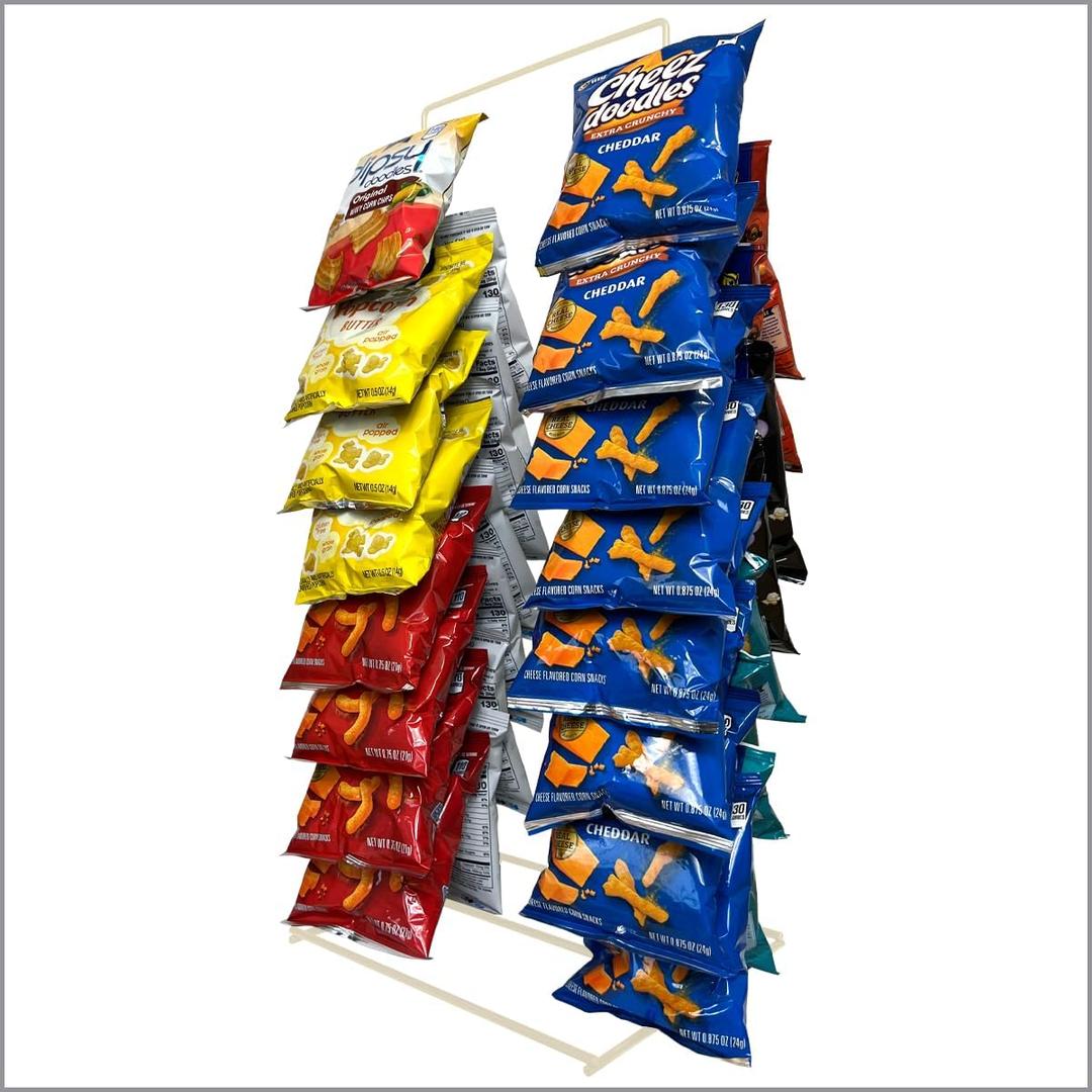 Clip Strip Chip Rack Display Stand, Snack Rack, Metal, 2 Rows, 30 Clips, Off-White, Organize Snacks in Retail Stores and Household, Product Merchandising