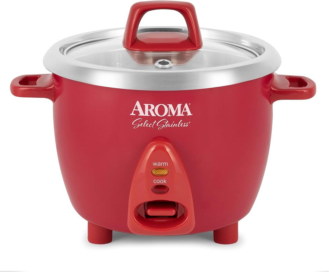 Aroma Housewares Select Stainless Rice Cooker & Warmer with Uncoated Inner Pot, 6-Cup(cooked)/ 1.2Qt, ARC-753SGR, Red