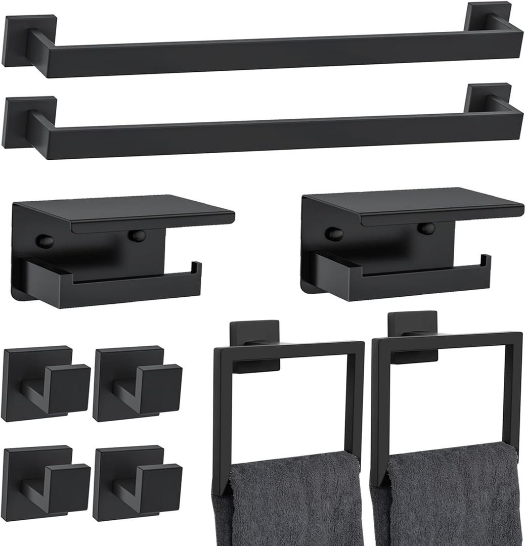 10 Pieces Black Towel Bar Set Bathroom Hardware Accessories Set Upgraded Toilet Paper Holder with Shelf Towel Holder Set for Bathroom Stainless Steel Wall Mounted 23.6in