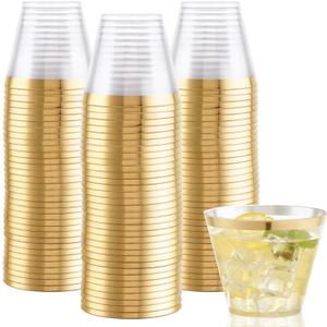 Hioasis 200PCS Gold Plastic Cups,9Oz Gold Rimmed Plastic Cups,Clear Plastic Cup with Gold Trim,Heavy Duty Clear Disposable Plasitc Cup for Party,Wedding,Reception