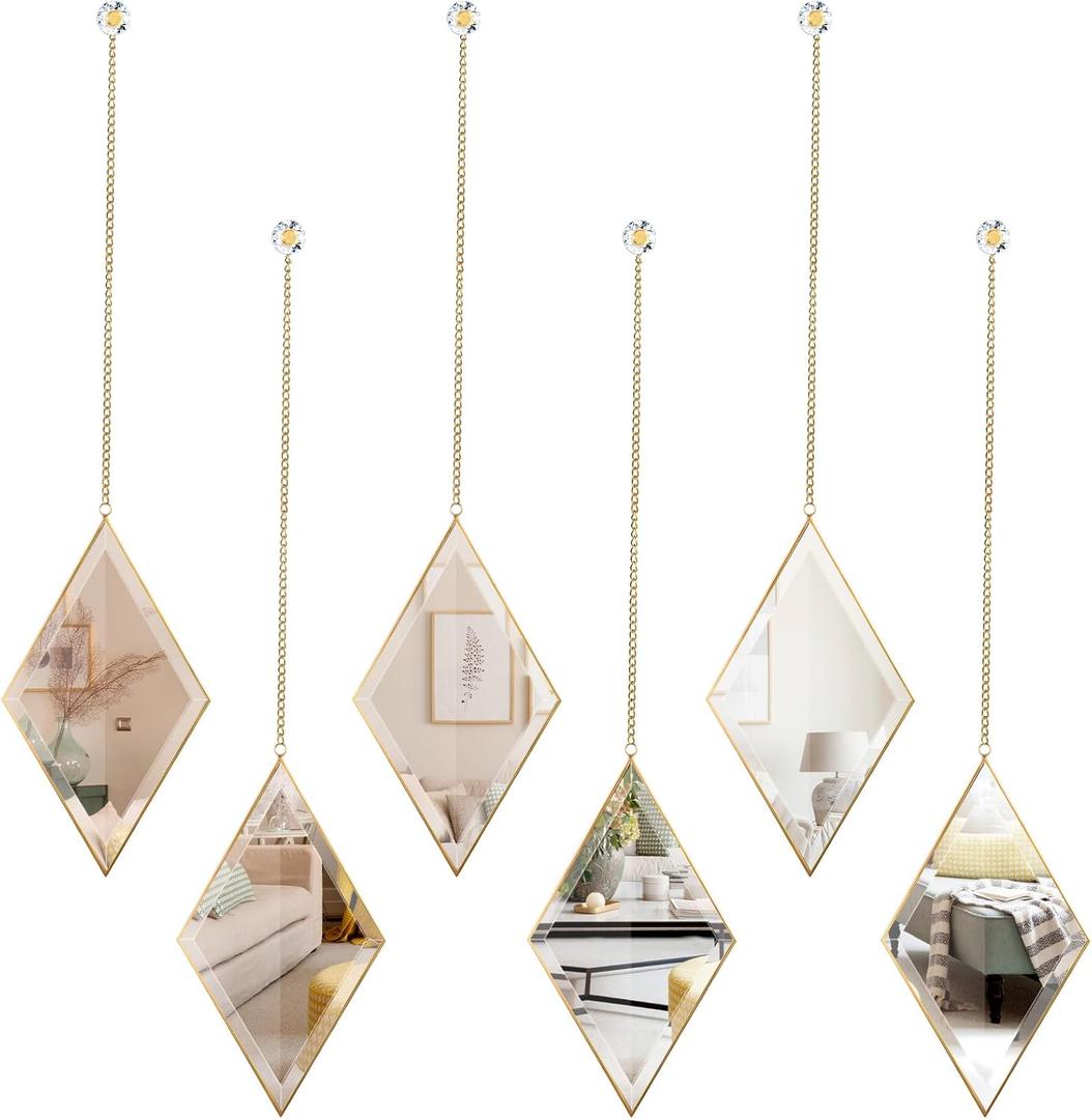 yshengood Diamond Wall Mirror Set of 6 Pcs, Gold Wall Decor Mirrors Small Glass Decor Wall Mirrors for Living Room and Bedroom Decoration (Large)