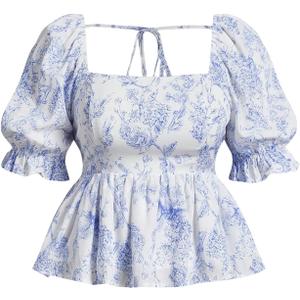 MakeMeChic Women's Plus Size Floral Square Neck Tie Backless Blouse Puff Sleeve Ruffle Hem Shirred Top (X-Large Plus, Blue and White)