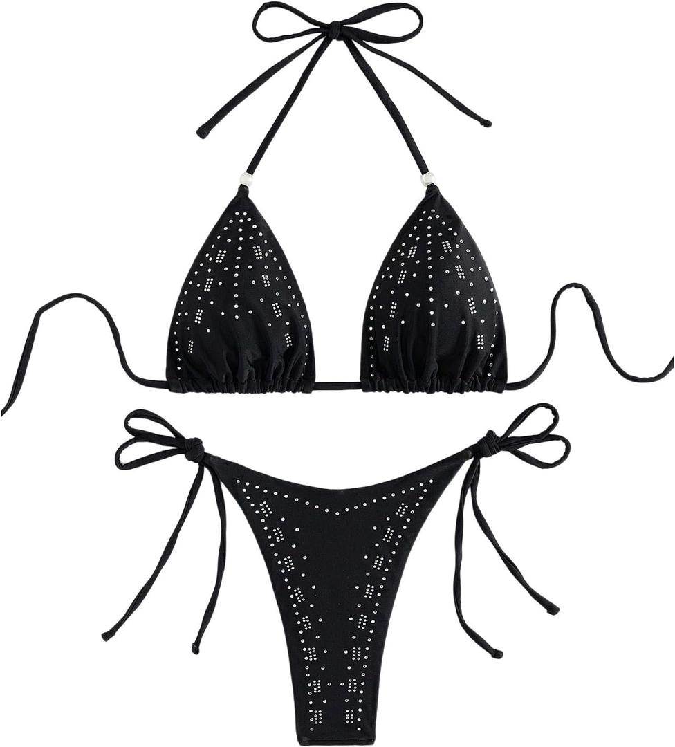 WDIRARA Women's 2 Piece Bikini Set Halter Triangle String Rhinestone Swimsuit Bathing Suit (Black, M)