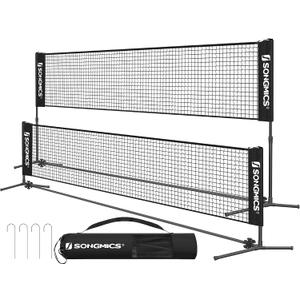 SONGMICS Badminton Net, Height Adjustable Volleyball Net, Pickleball Net for Junior Tennis, Kids, Indoor Outdoor Court, Foldable Nylon Net with Poles 10ft/13ft/16.5ft Wide