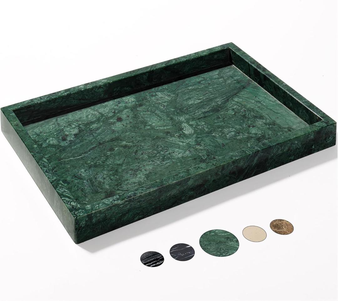 Real Natural Marble Tray for Bathroom, Genuine Marble Stone Vanity Tray, Luxury Storage Trays for Kitchen, Vanity, Home Decor, Dresser, Non-Resin/Non-Ceramic, 12"x 8"x 1.2", Dark Green