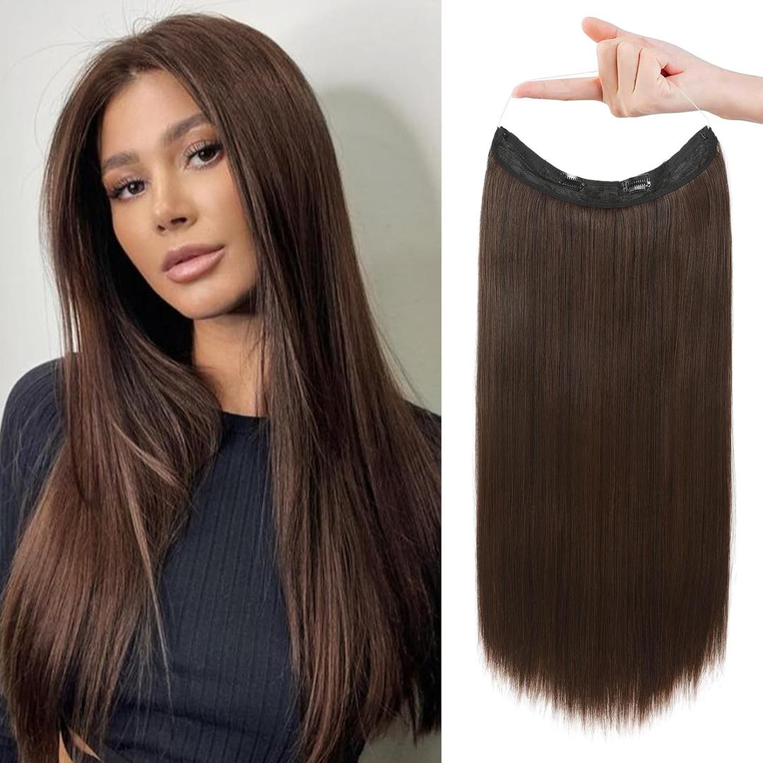 REECHO Invisible Wire Hair Extensions with Transparent Headband Adjustable Size Removable Secure Clips in Straight Secret Hairpiece for Women (20 Inch (Pack of 1), Dark Brown with Copper Highlights)