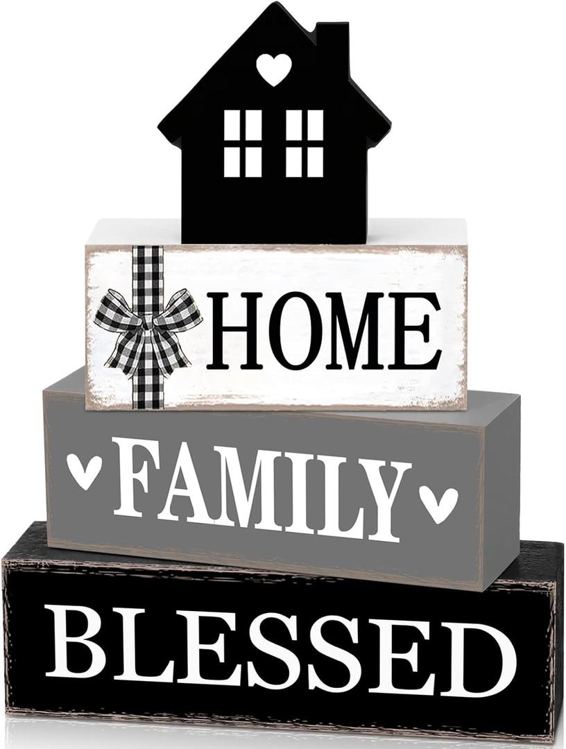 4 Pcs Farmhouse Tabletop Decor Rustic Family Blessed Home Table Centerpiece This Is Us Sign for Kitchen Shelf Desk Fireplace Mantel Tiered Tray Decor (Neutral Home Family Blessed)