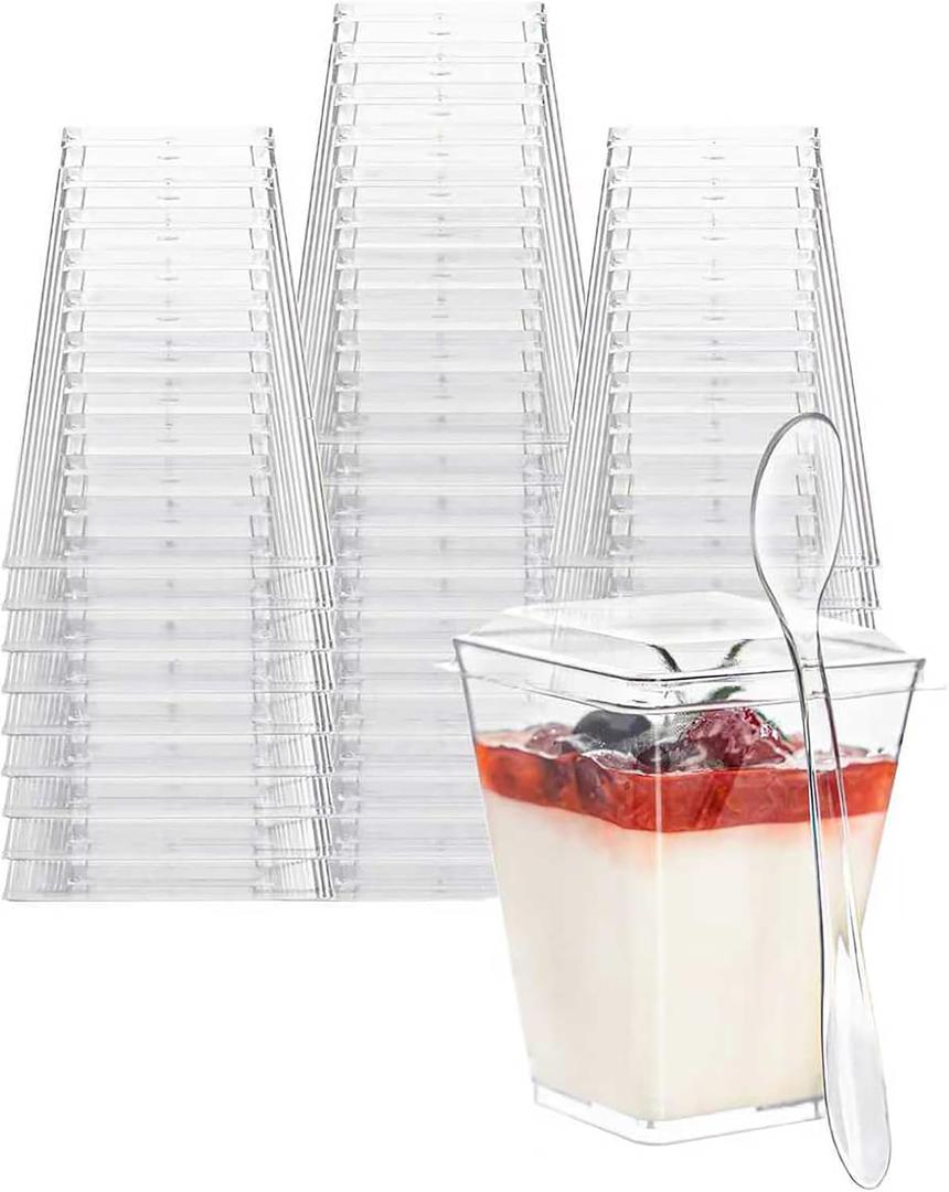 50 Pack 5oz Mini Dessert Cups with Soopns and Lids, Clear Square Dessert Bowls Small Plastic Parfait Cup Appetizer Cup for Wedding Party