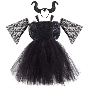 Kids Girls Witch Costume Handmade Knitted Tulle Dress Evil Queen Dress Up Costume for Halloween Carnival Cosplay 3 XL