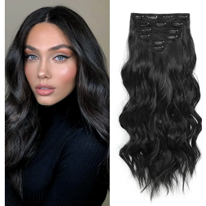 Synthetic Clip in Hair Extensions, 6 PCS 1 6 Inch Hair Extensions Clip Ins, Black Long Wavy Hairpieces(16inch, 6pcs, Black)