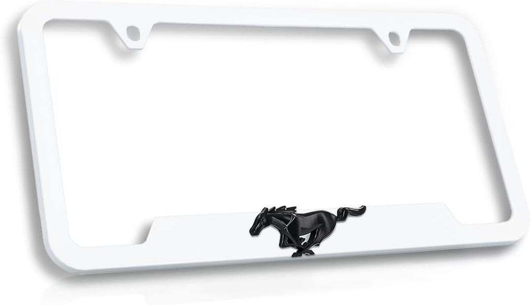 Ford Mustang Plastic License Plate Frame Tag Holder with 3D Emblem (WHITE)