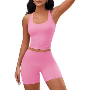 Aoysky Womens 2 Piece Workout Sets Cross Back Padded Halter Tank Tops High Waisted Biker Yoga Shorts Gym Outfits (Pink, XL)