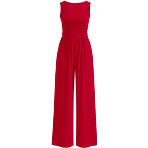 PRETTYGARDEN One Piece Jumpsuits for Women Dressy Casual Sleeveless Crewneck Wide Leg Rompers Jumpers Vacation Summer Outfits (Small, Red)