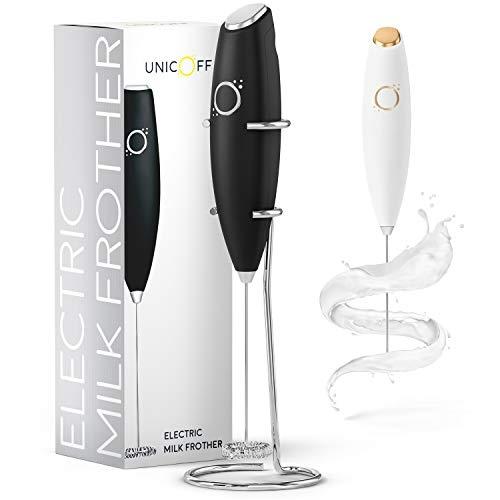 Unicoff Handheld Milk Frother with Stand – Electric Milk Frother for Coffee, Latte, Cappuccino & Matcha – Battery Operated Drink Mixer, BPA-Free Stainless Steel Whisk, Portable Mini Foam Maker (Black)