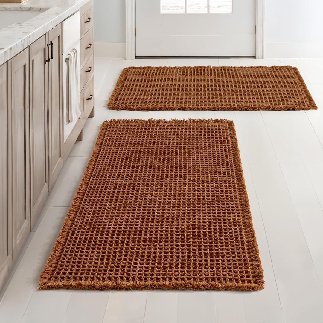 MIULEE Set of 2 Waffle Bathroom Rugs, Terracotta Boho Bath Rugs Non Slip Washable, Super Absorbent Bath Mats, Ultra Soft Rubber Backed Shower Mats for Bathroom Floor, Tub, Caramel, 20x32 Inch
