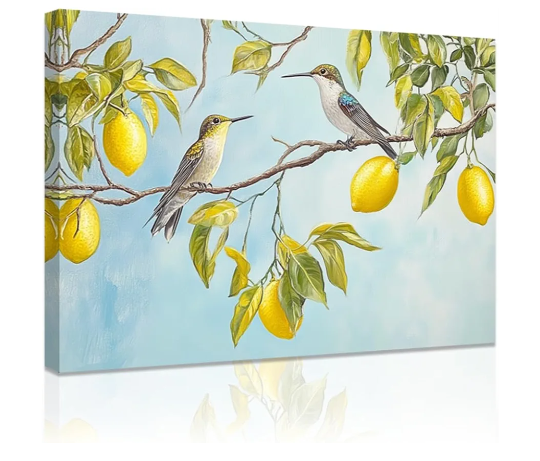 Lemon Tree and Hummingbird Canvas Wall Art Bird with Citrus Painting Prints Yellow Grey Pictures Kitchen Home Office Decor Framed(Blue,16L x 24W)