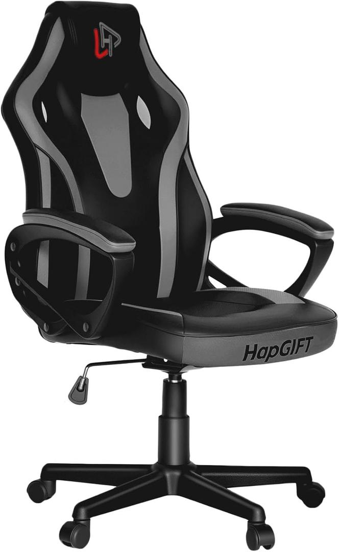 HapGIFT Office Chair, Home Office Chair with Link Armrest, Height Adjustable Computer Chair, Ergonomic PC Work Chair for Adults Teens, PU Leather Gaming Chairs, Gift, 300LBS (BLACK GREY), Small