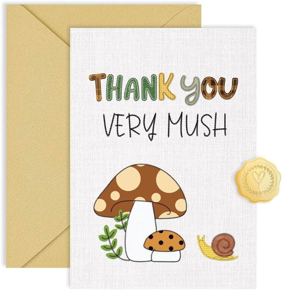 5 x CRTURUNIQ Funny Mushroom Thank You Card  Cute Thank You Very Mush Pun Design, 5x7 Inch Folded Cottagecore Greeting Note Card for Teacher, Baby Shower or Friend, Thick Cardstock with Envelope