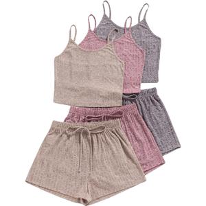 GORGLITTER Women's 3 Sets Ribbed Pajamas Set Sleeveless Crop Top and Tie Front Shorts Lounge Set Sleepwear Loungewear (Medium, Khaki Pink Purple)