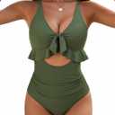 Blooming Jelly Womens Tummy Control Swimsuits V Neck Ruffled One Piece Bathing Suit Tie Knot Modest Slimming Swimwear (Green, XL)
