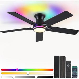 52" RGB Ceiling Fans with Lights and Remote/APP,Black Low Profile Ceiling Fans,Modern Flush Mount Ceiling Fans for Bedroom Kids Room