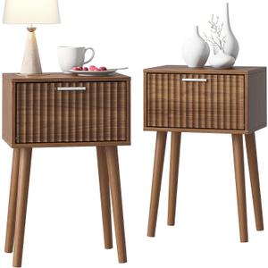 LAATOOREE Nightstands Set of 2, Small Fluted Side Table, Bedside Table with Solid Wood Feet; Modern Mid-Century End Table for Bedroom, Small Space (Rustic Brown)