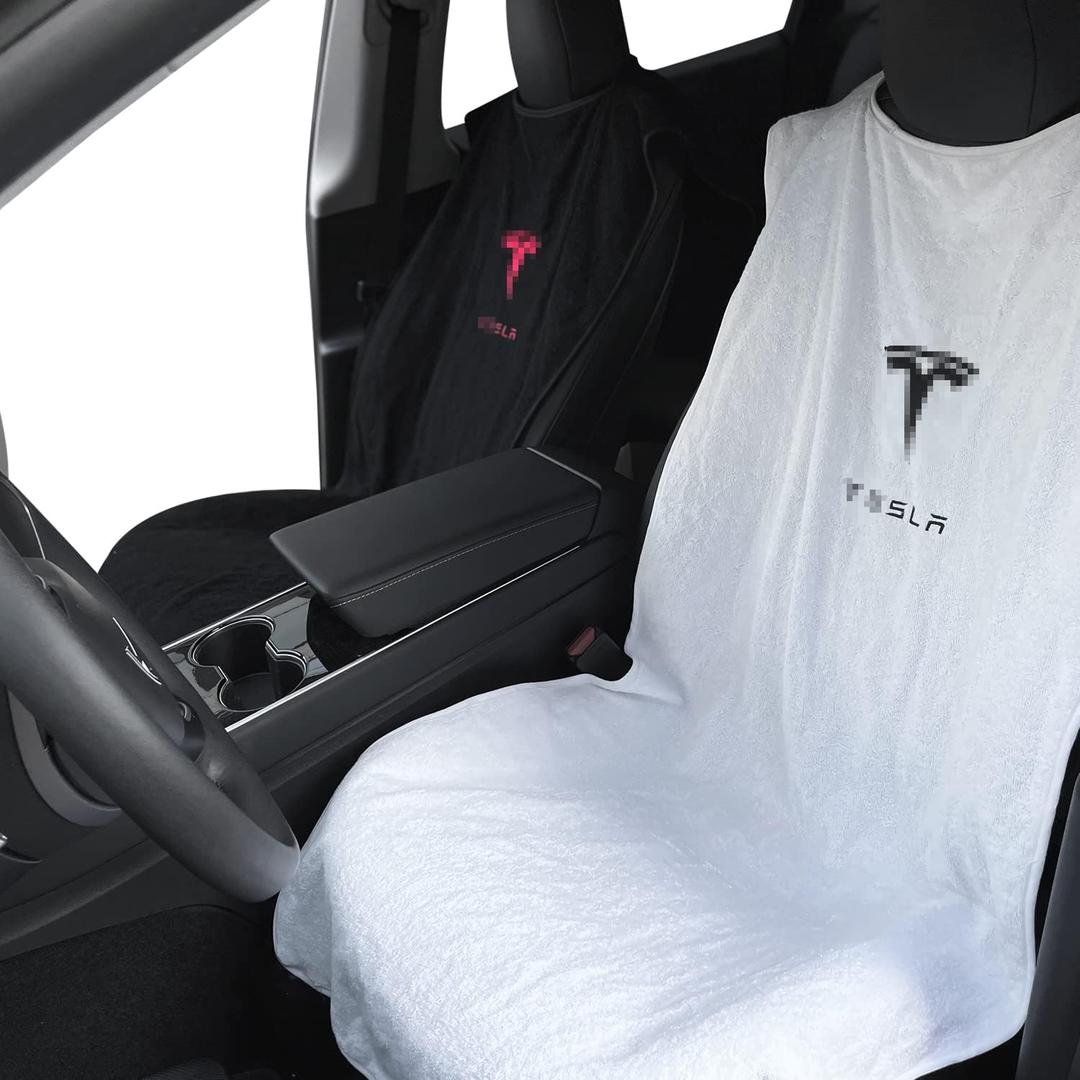 Compatible with Tesla Model Y/3/X/S Premium Towel Car Seat Cover - Waterproof & Machine Washable - Seat Protector for Dog, Pets, Sweat from The Gym (White)