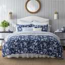 Laura Ashley- Queen Comforter Set, Cotton Reversible Bedding Set, Includes Matching Shams with Bonus Euro Shams & Throw Pillow Covers (Branch Toile Blue, Queen)