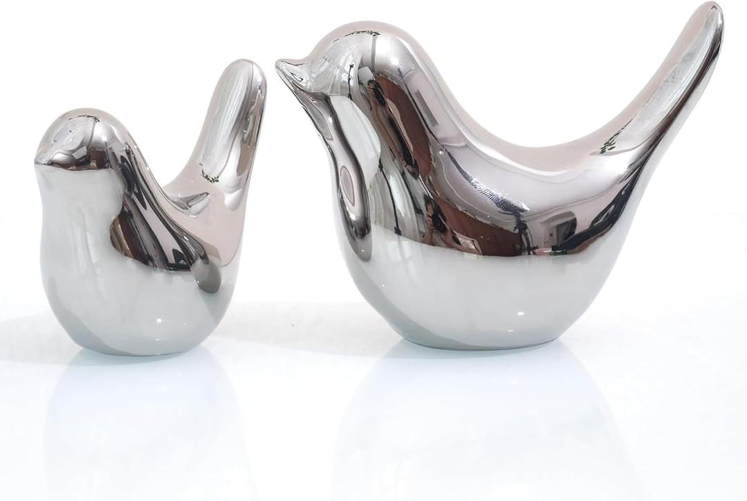 2 Pcs Ceramic Small Bird Figurines Modern Animal Statues for Home Room Decor and Bedroom Decor and Bookshelf Display (Silver)
